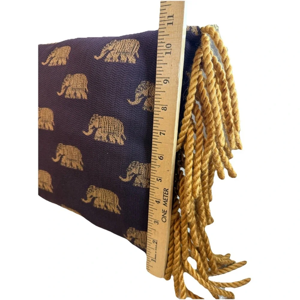 Boho Woven Brocade Elephant Throw Pillow Gold Fringe Purple Decorative Cushion